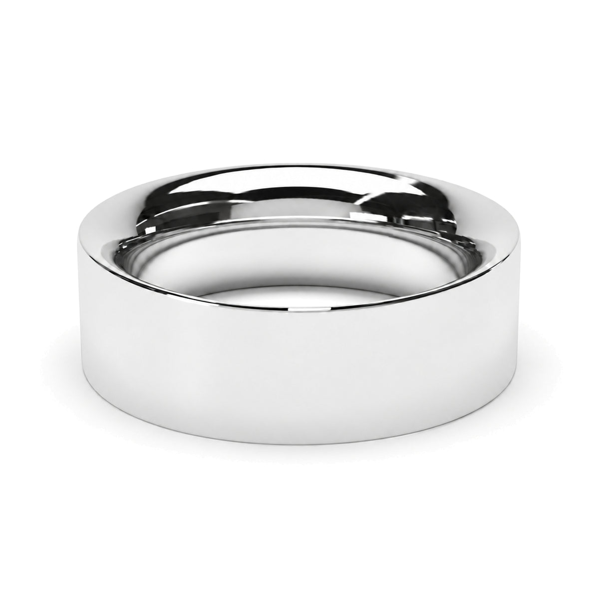 A polished platinum wedding ring, likely a wedding band, shown from a direct side profile on a clean white background.