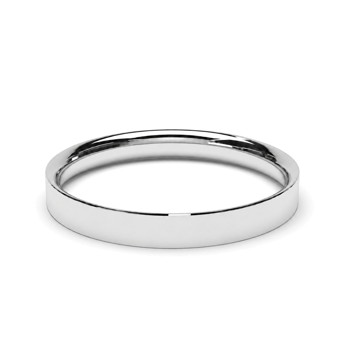 A minimalist, platinum wedding ring shown from a side profile on a clean white background.