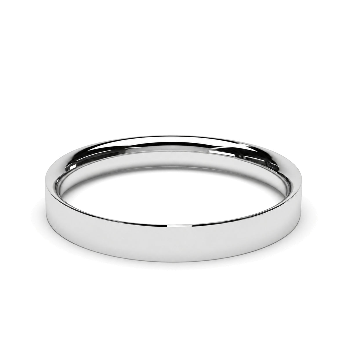 A minimalist, polished platinum wedding ring  with a flat profile, shown on a clean white background.