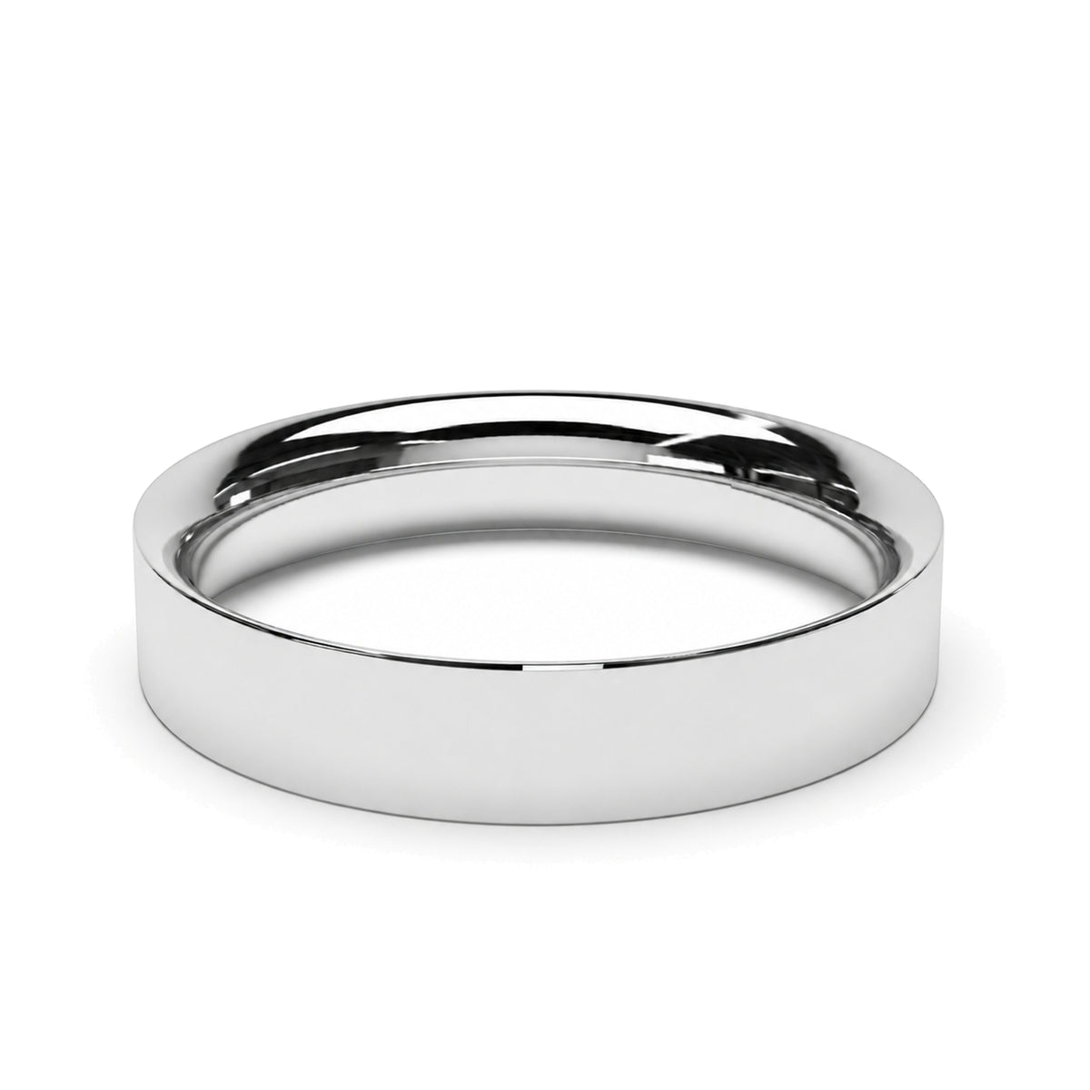 A minimalist, polished platinum wedding ring with a flat top and smooth, reflective surface, shown on a clean white background.