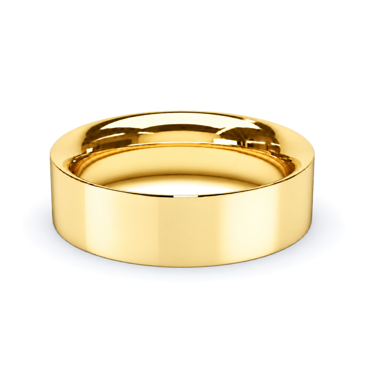 A polished yellow gold wedding ring with a smooth, rounded profile, shown on a clean white background.