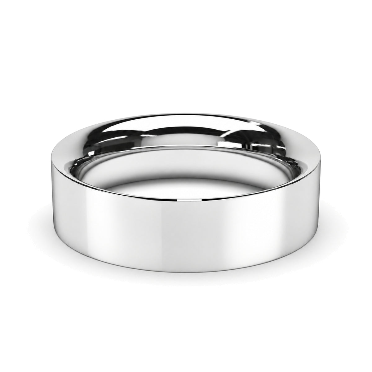 A polished 7mm flat court platinum wedding ring.