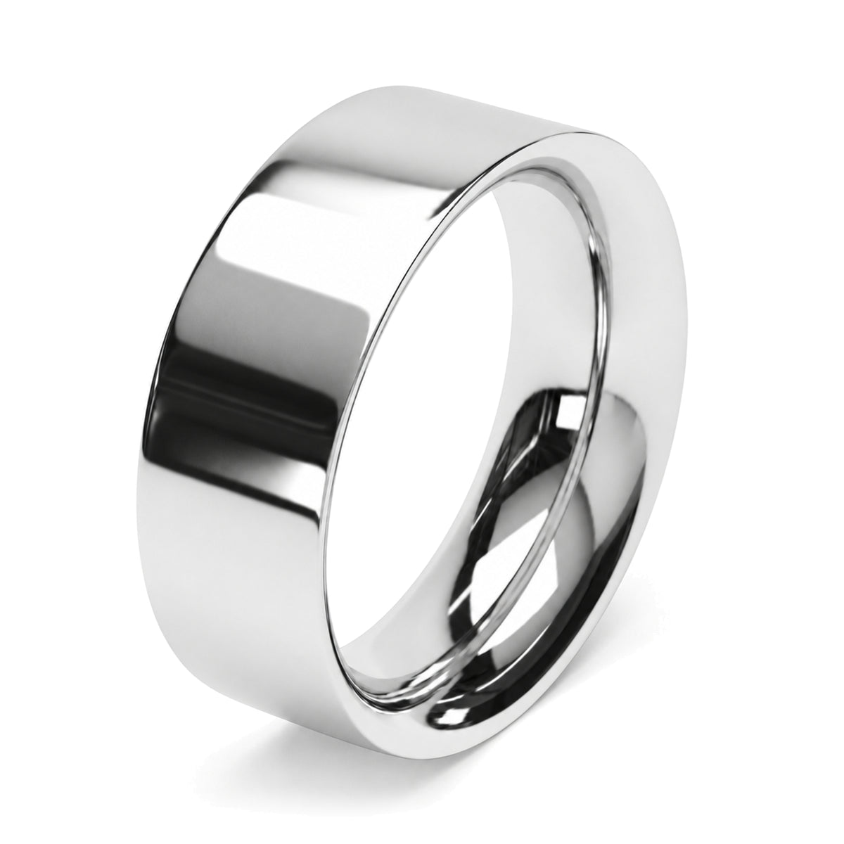 A 8mm wide platinum wedding ring, flat court profile, polished finish.