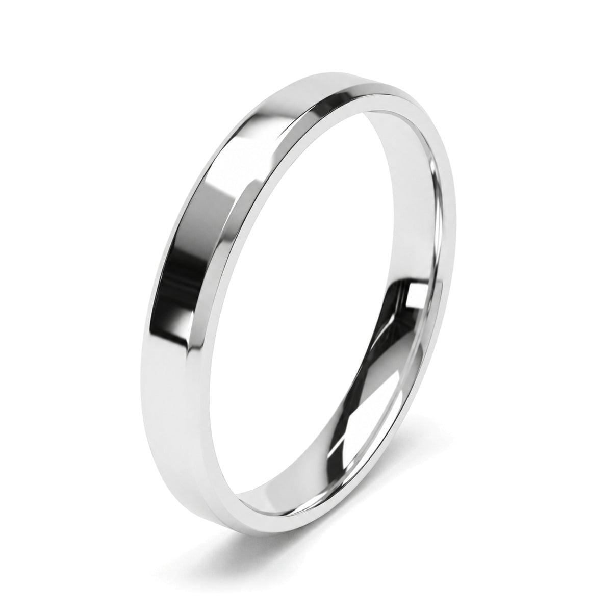 A platinum wedding ring with a mirror polished finish. shown at an angle on a clean white background with a soft shadow.