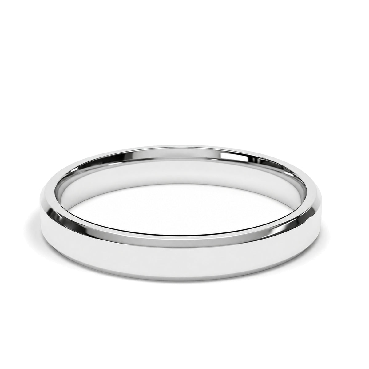 A classic flat court platinum wedding ring with a polished finish, shown from a three-quarters perspective on a clean white background.