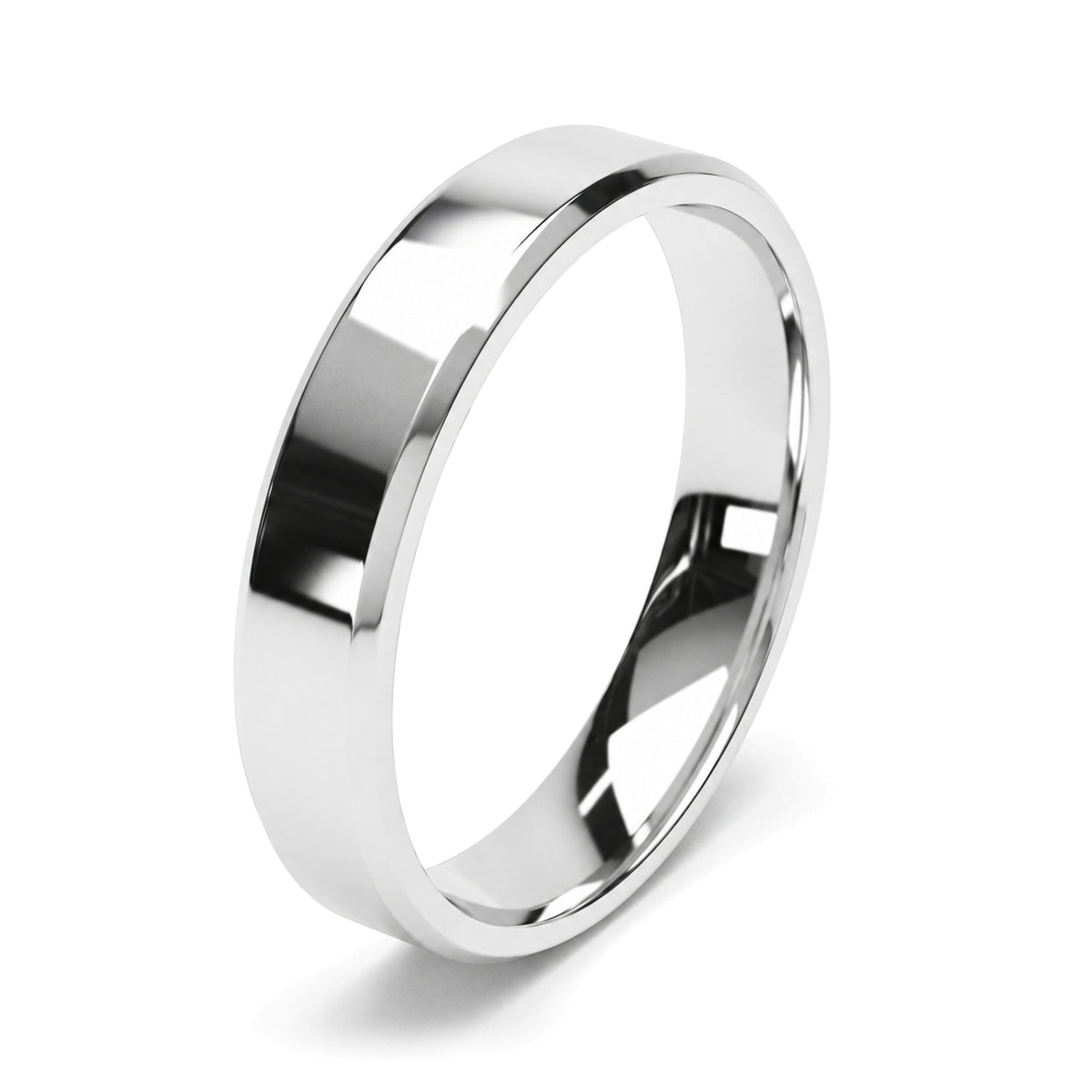 A beveled edge cut platinum wedding ring with mirror polished finish.