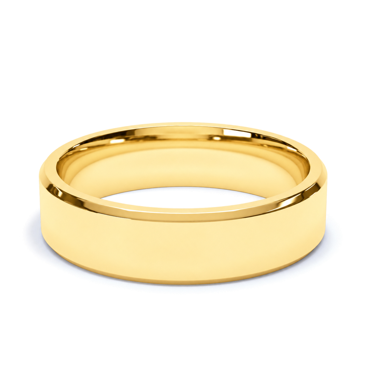 A polished yellow gold wedding ring  with a smooth, polished finish center and a slightly beveled edge, shown on a clean white background.