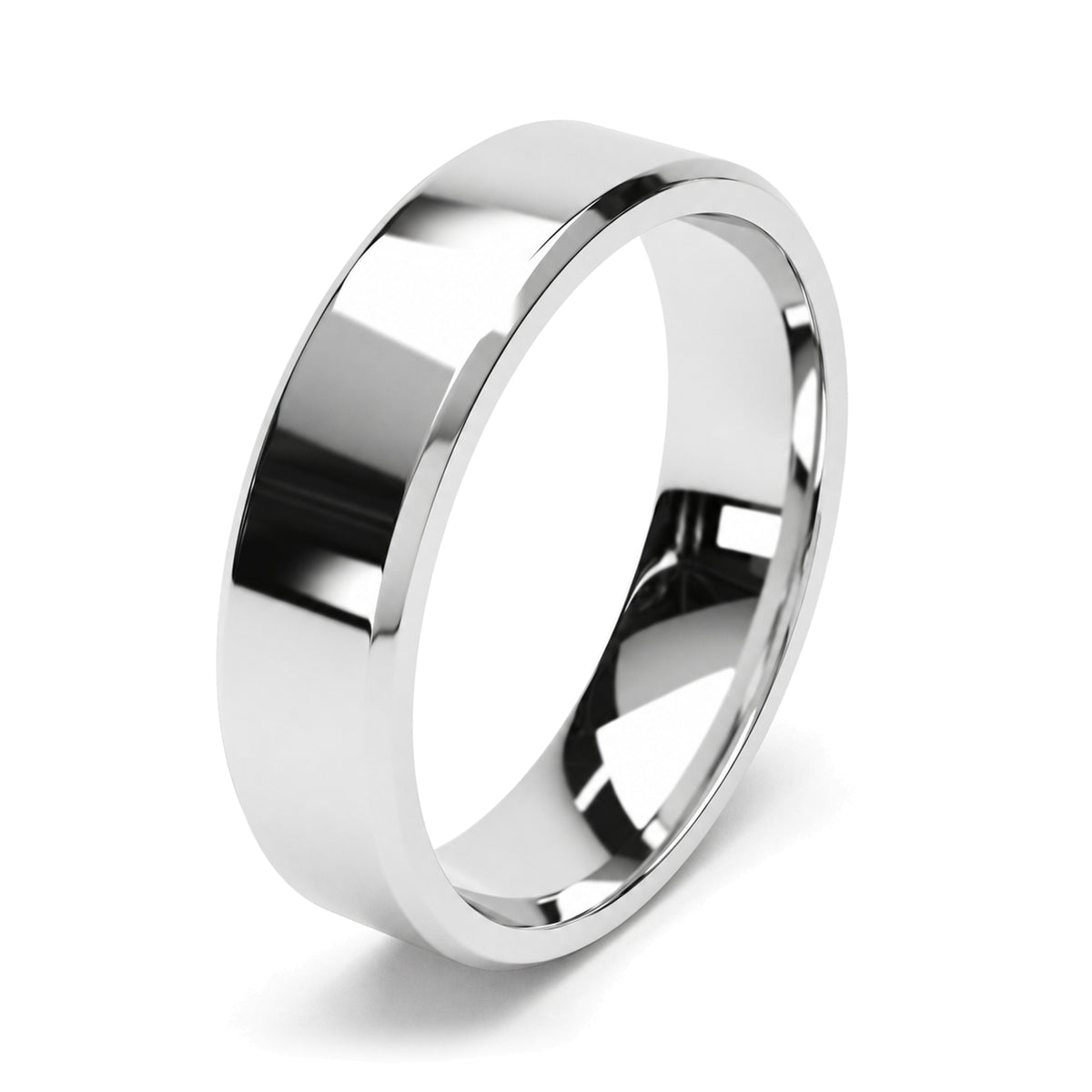a platinum 5mm beveled edge wedding ring with a polished finish.