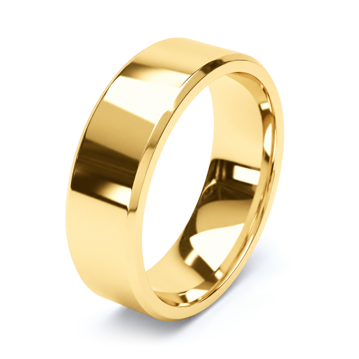 A polished yellow gold wedding ring with a smooth, rounded profile, shown on a clean white background with a soft shadow.