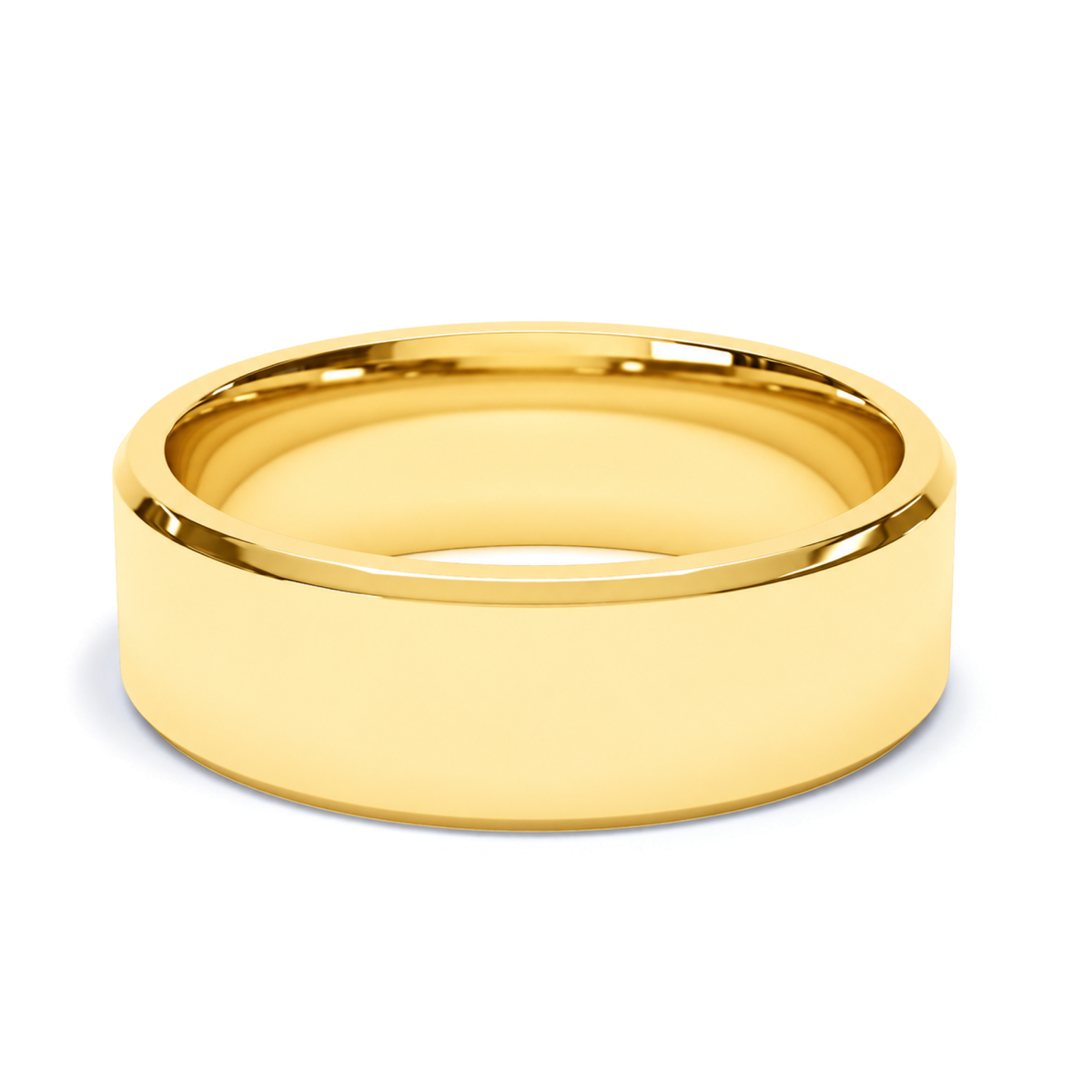 A polished  wide yellow gold wedding ring  with a smooth, flat exterior and a beveled edge, shown on a clean white background.