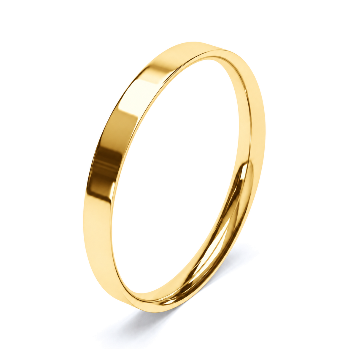 A classic yellow gold wedding ring with a smooth, polished finish, shown at an angle on a clean white background.