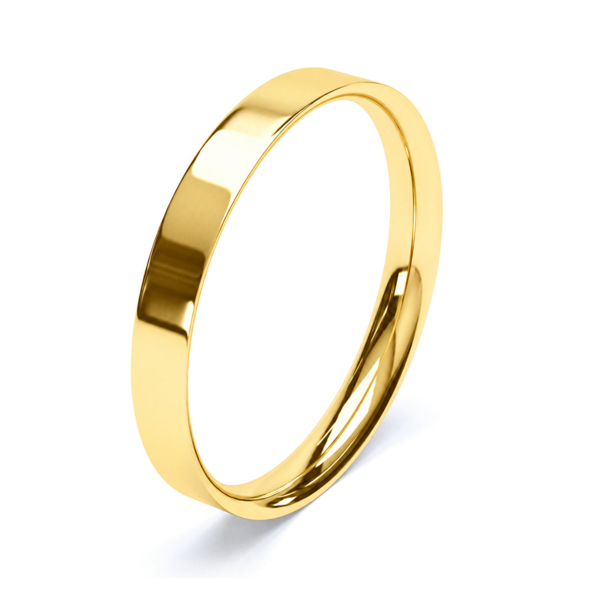 A polished yellow gold wedding ring shown at an angle on a clean white background.