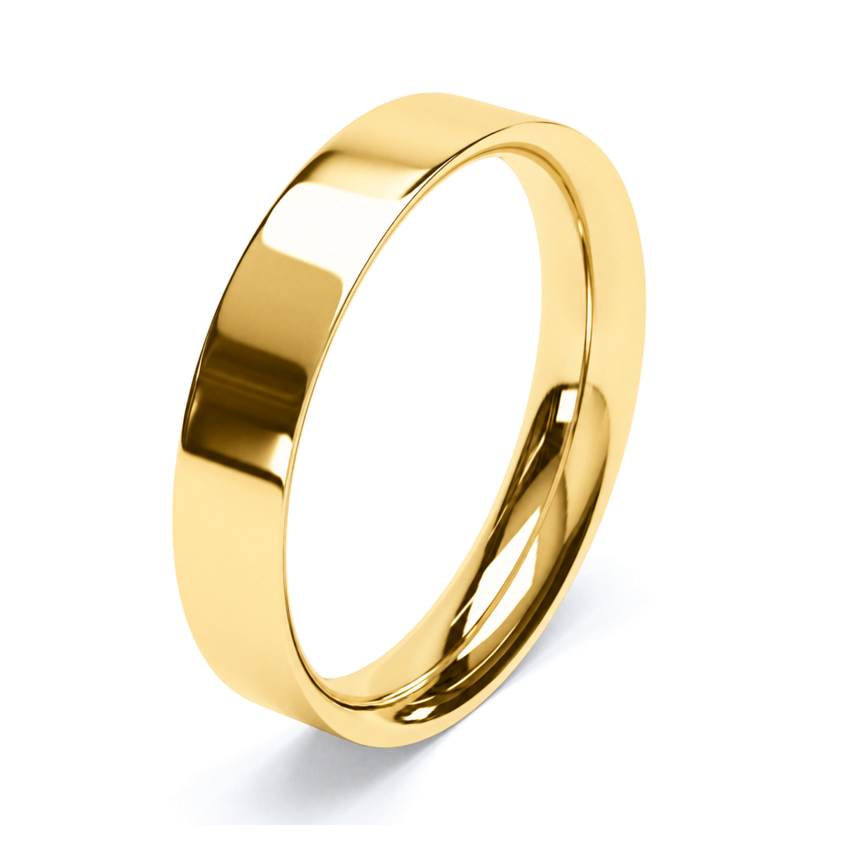 A polished yellow gold wedding ring with a smooth, slightly tapered shape, shown on a clean white background with a soft shadow.