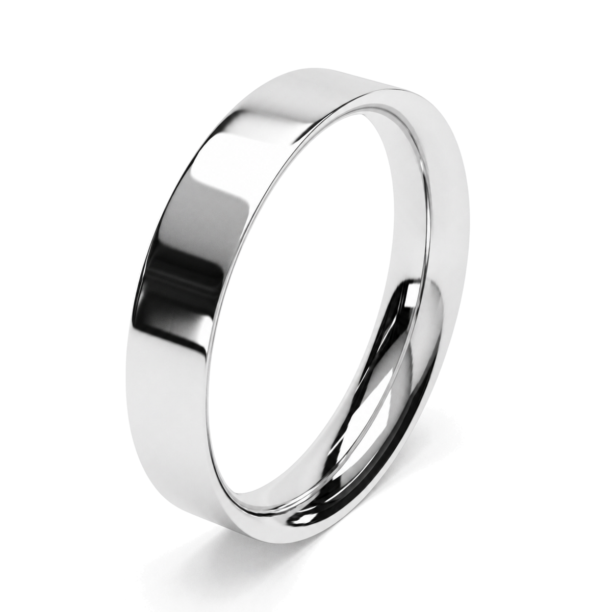 A classic polished platinum wedding ring, shown at an angle on a clean white background.
