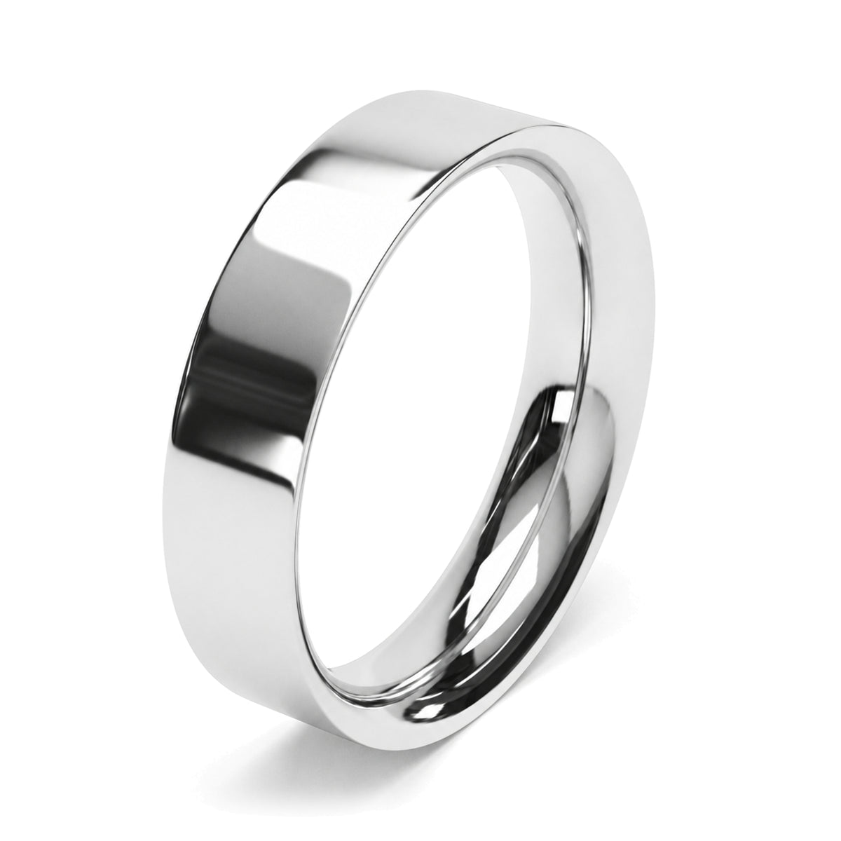 A platinum 5mm platinum wedding ring flat court profile, bright polished.