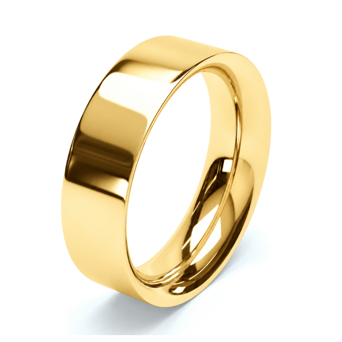 A polished yellow gold wedding ring with a smooth, rounded profile, shown on a clean white background with a soft shadow.