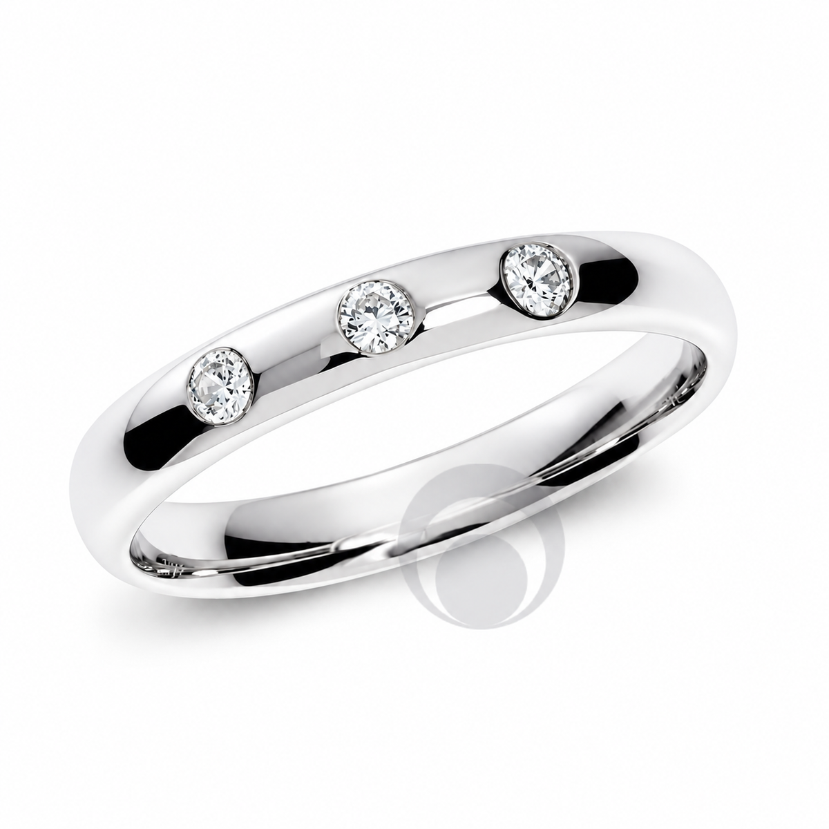 A polished platinum band ring featuring three round-cut  diamond gemstones spaced along the top curve, set against a clean white background.