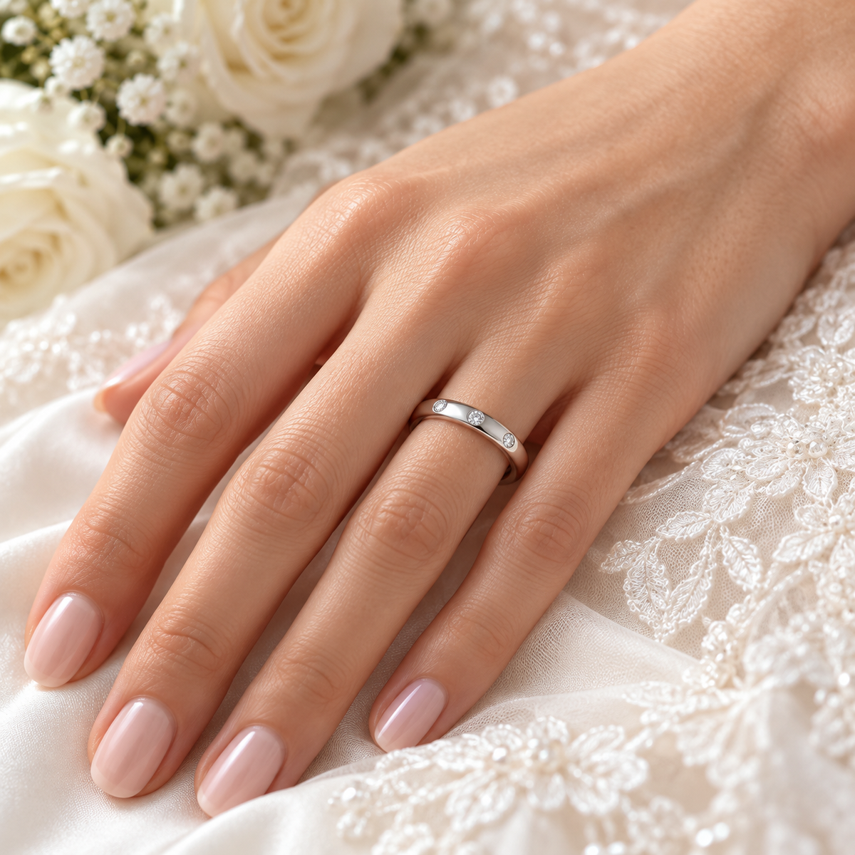 A close-up of a woman's hand wearing a platinum diamond band ring resting on white lace fabric with white roses in the background.