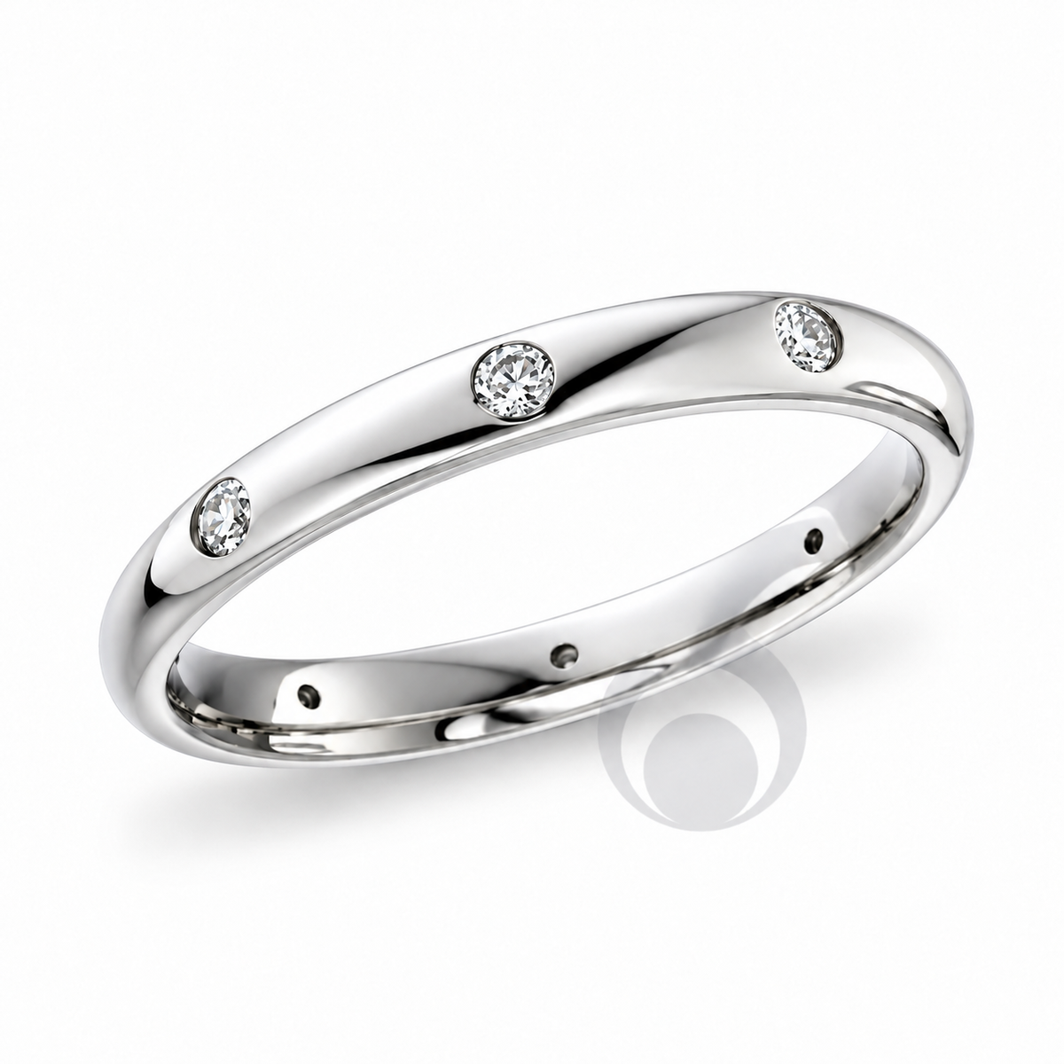 A polished platinum band ring featuring eight round-cut diamonds spaced evenly along the top curve.