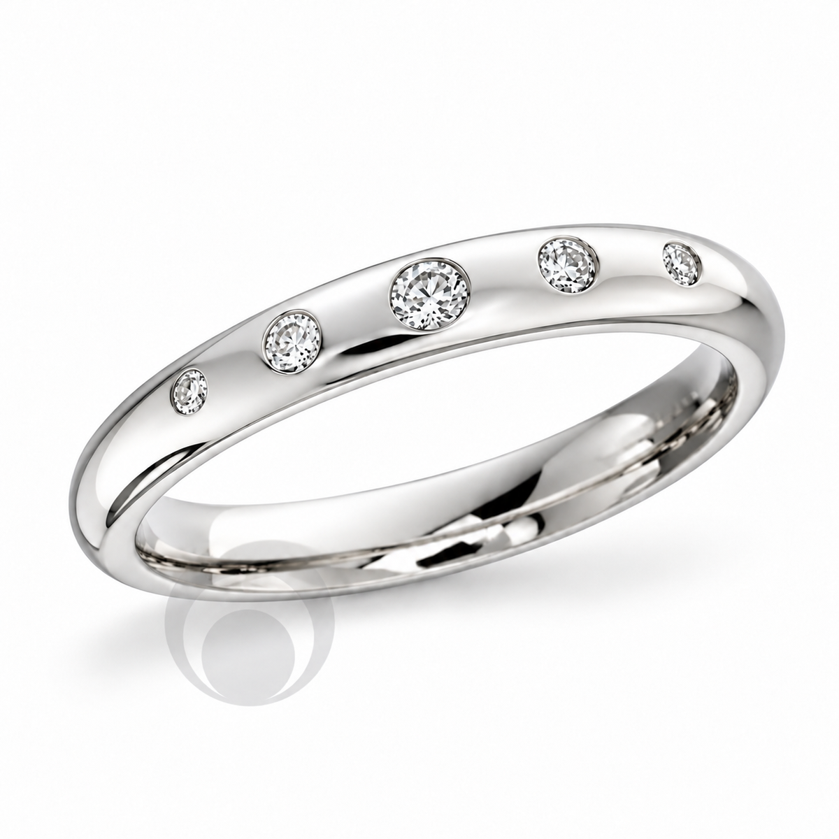A polished platinum band ring featuring five round-cut diamonds spaced along the top curve