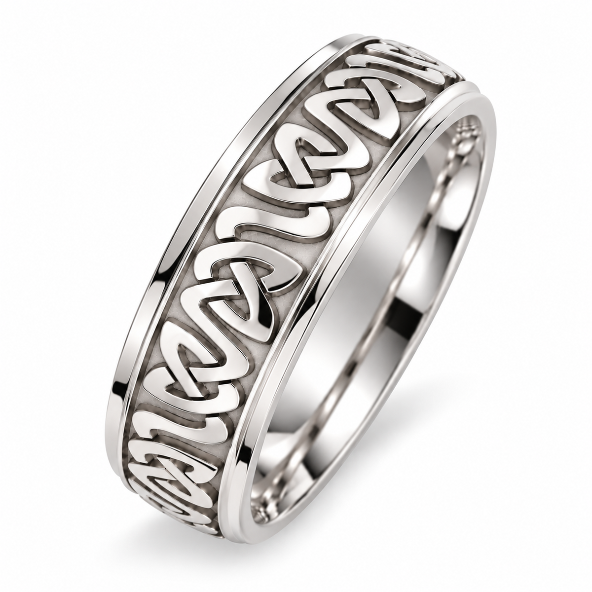 A platinum wedding ring featuring a raised Celtic knot pattern on the outer surface, shown on a clean white background.