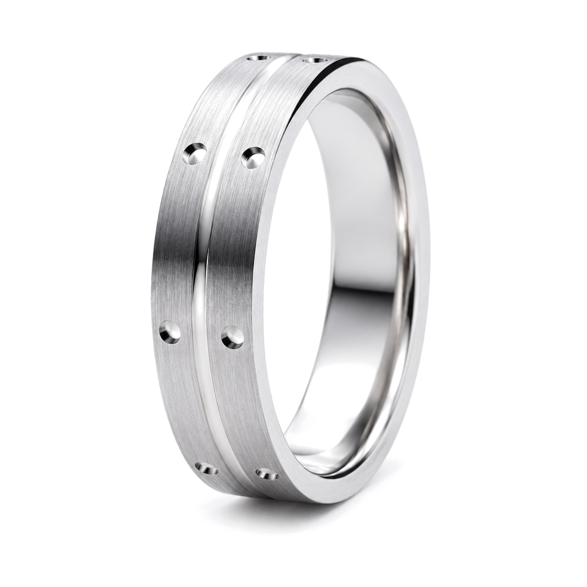 A platinum wedding ringwith a brushed center channel and small evenly spaced circular cutouts.