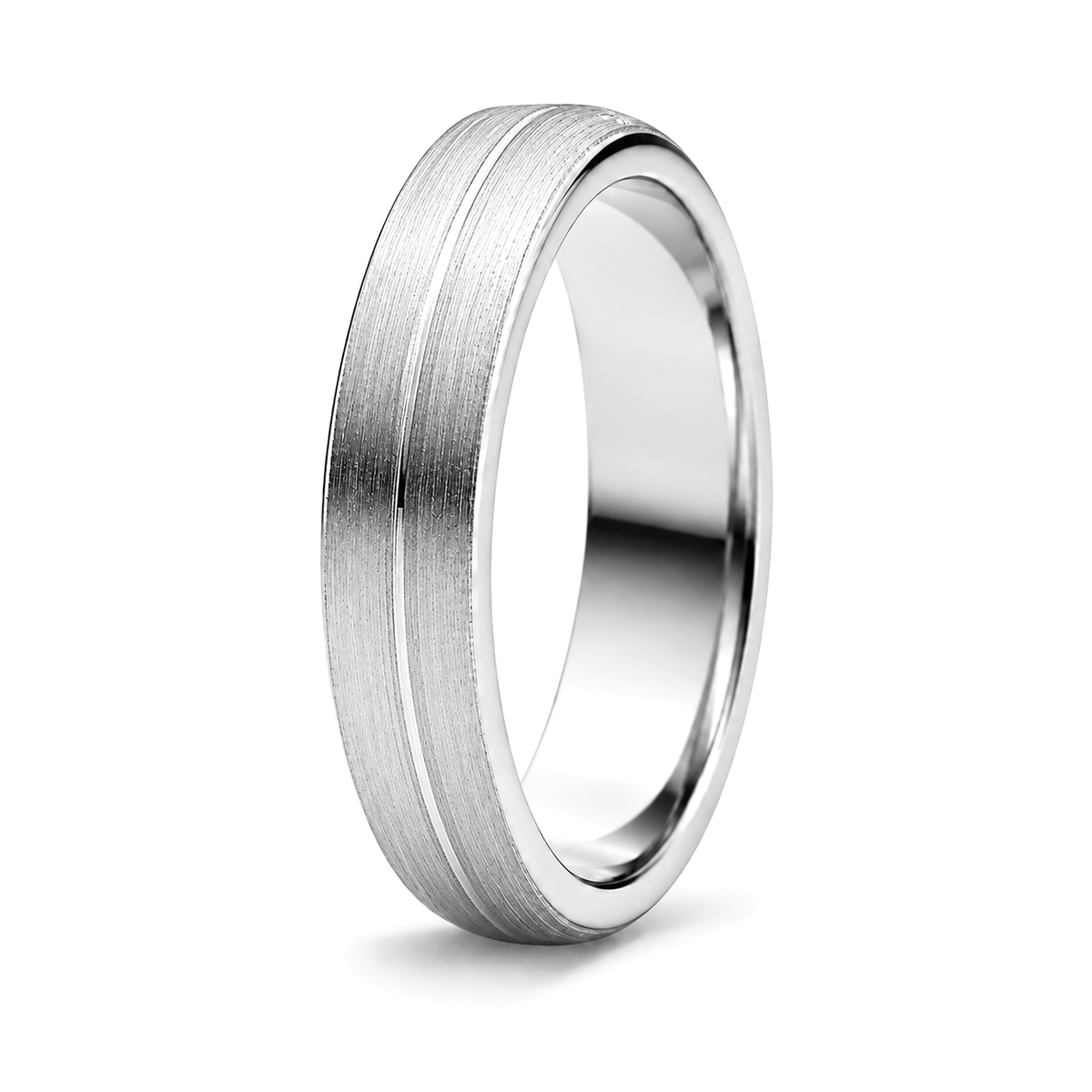 A platinum wedding ringwith a brushed textured outer surface and a polished reflective inner edge.