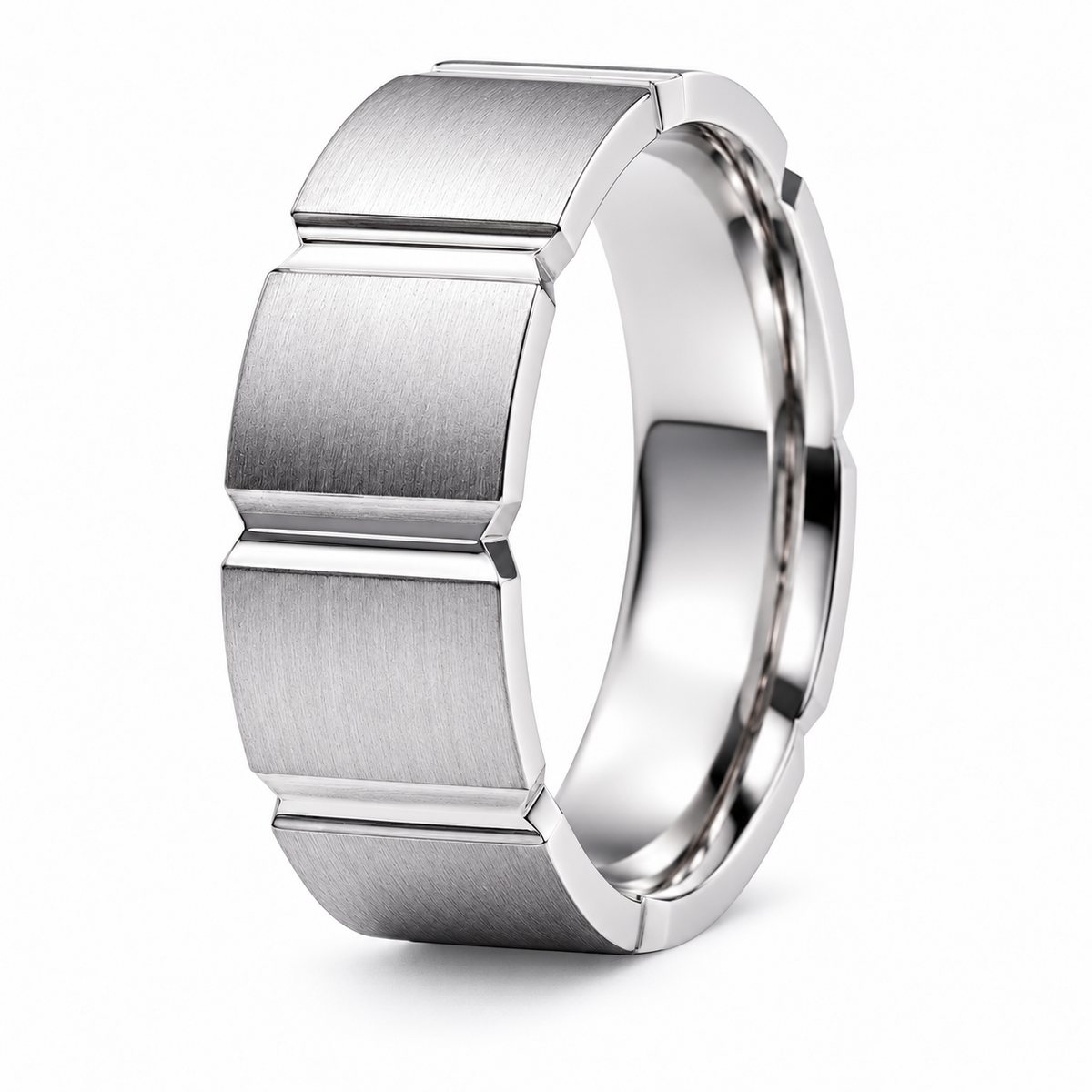 A platinum patterned wedding ring with brushed and polished metallic surfaces, shown on a clean white background.