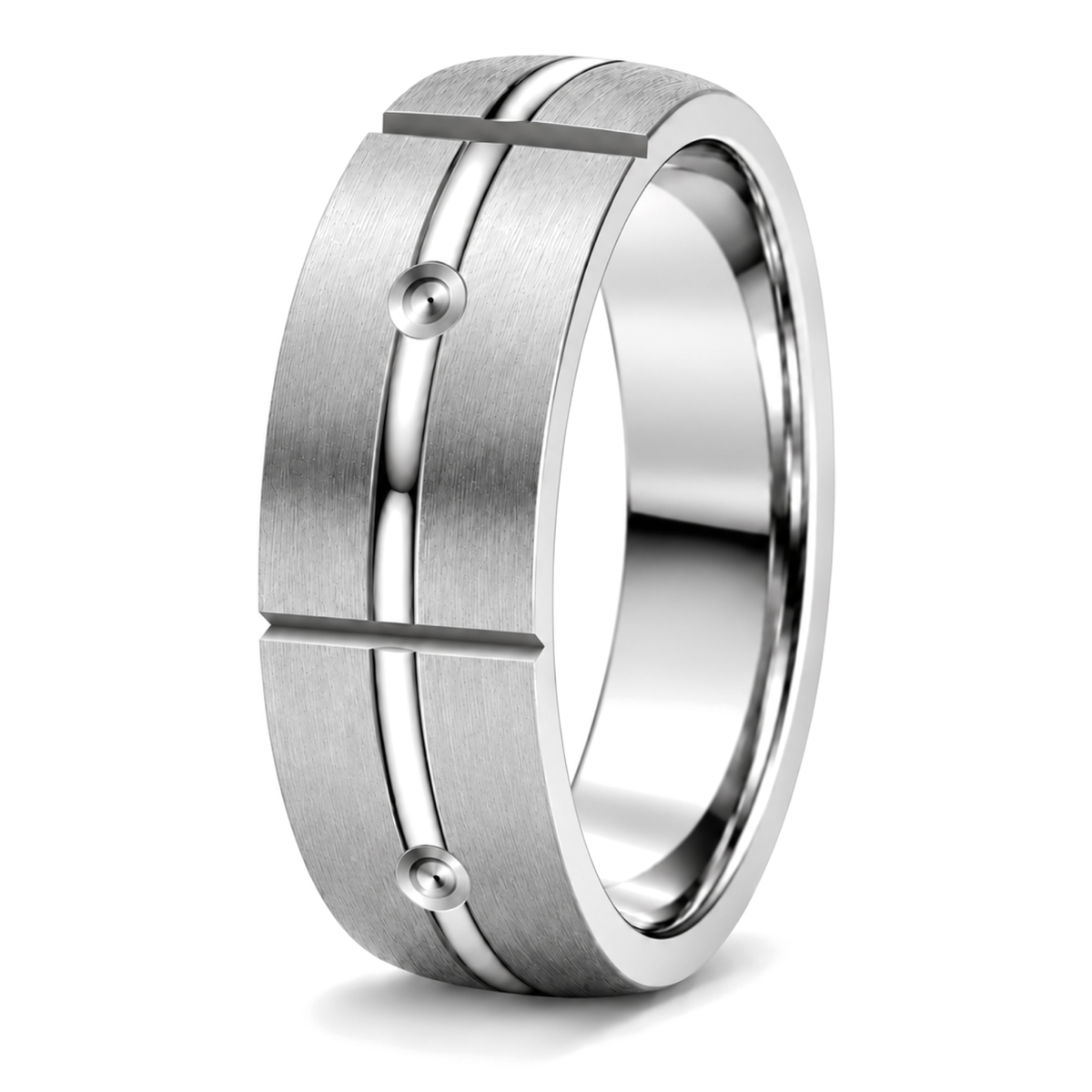 A platinum patterned wedding ring with a brushed finish, polished beveled edges, and two small raised dome accents on the outer band, shown on a clean white background.