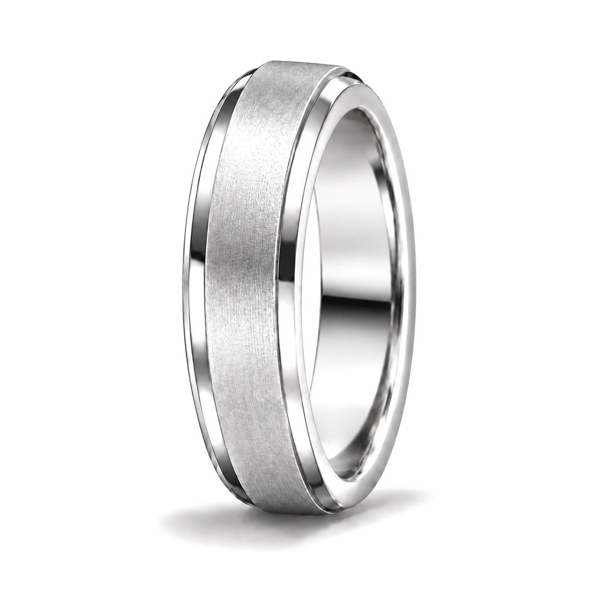 A silver-toned metal band ring with a brushed center and polished beveled edges, shown on a clean white background.