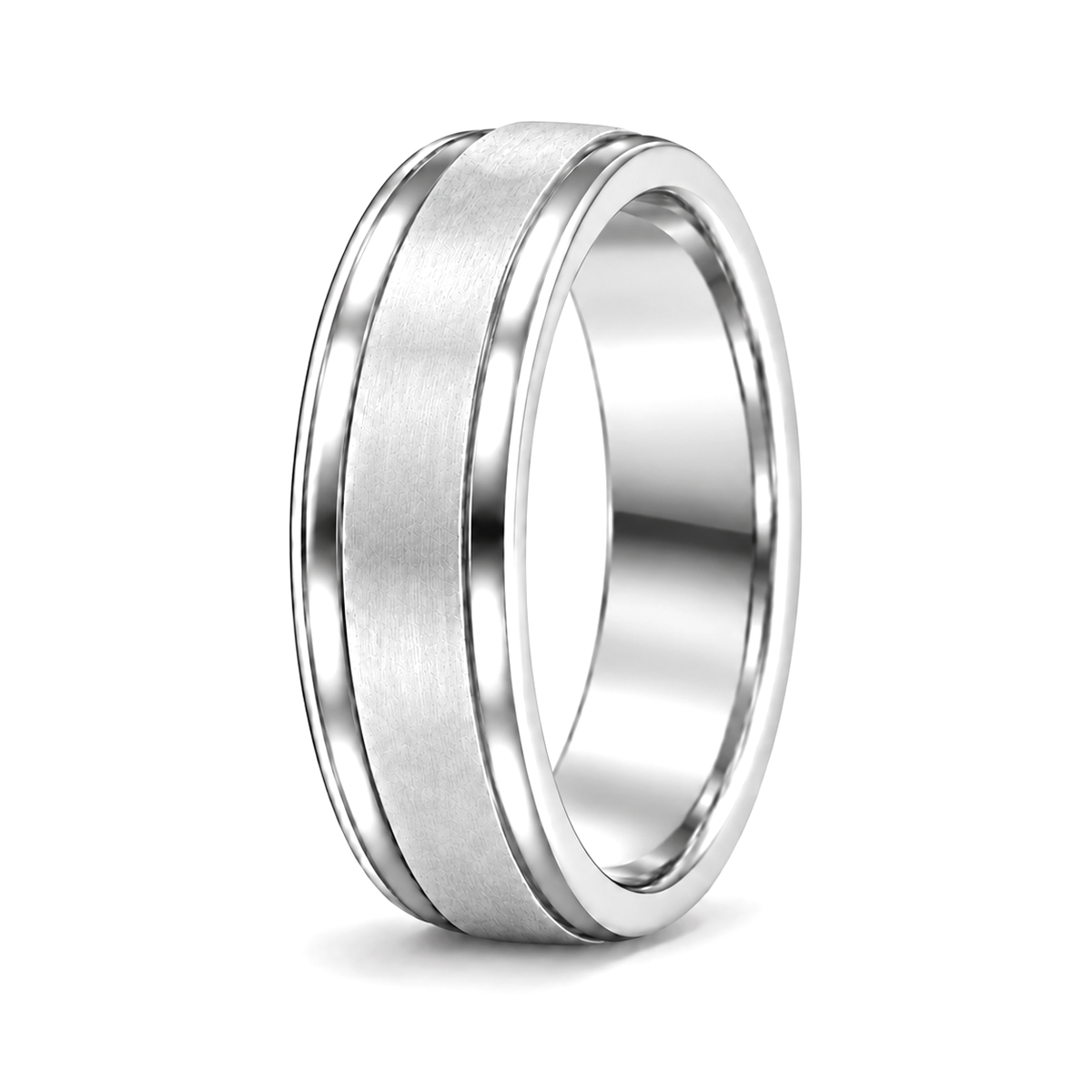 A platinum wedding band ring with a brushed center and polished beveled edges.