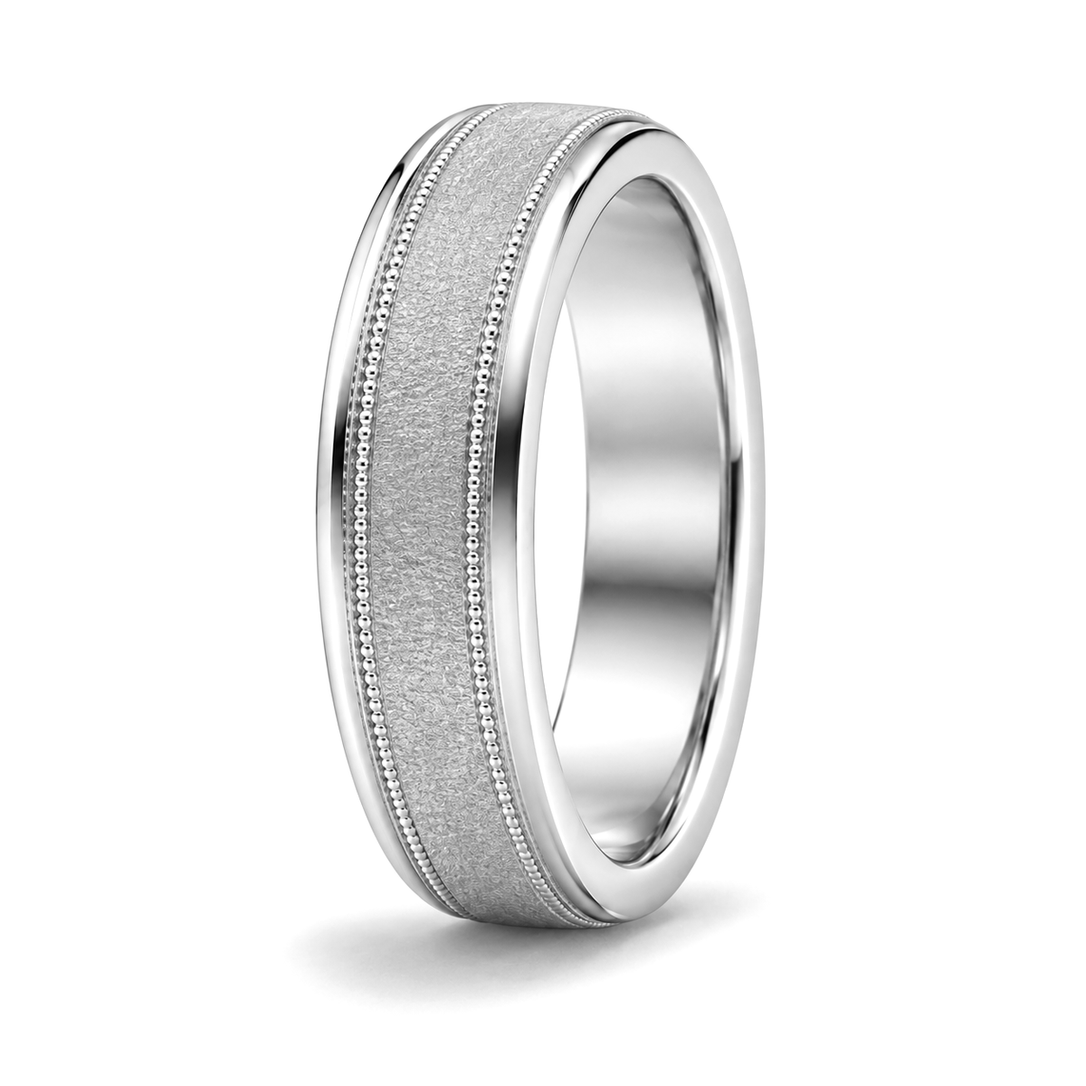 A platinum wedding ring with a brushed center channel bordered by fine milgrain detailing.