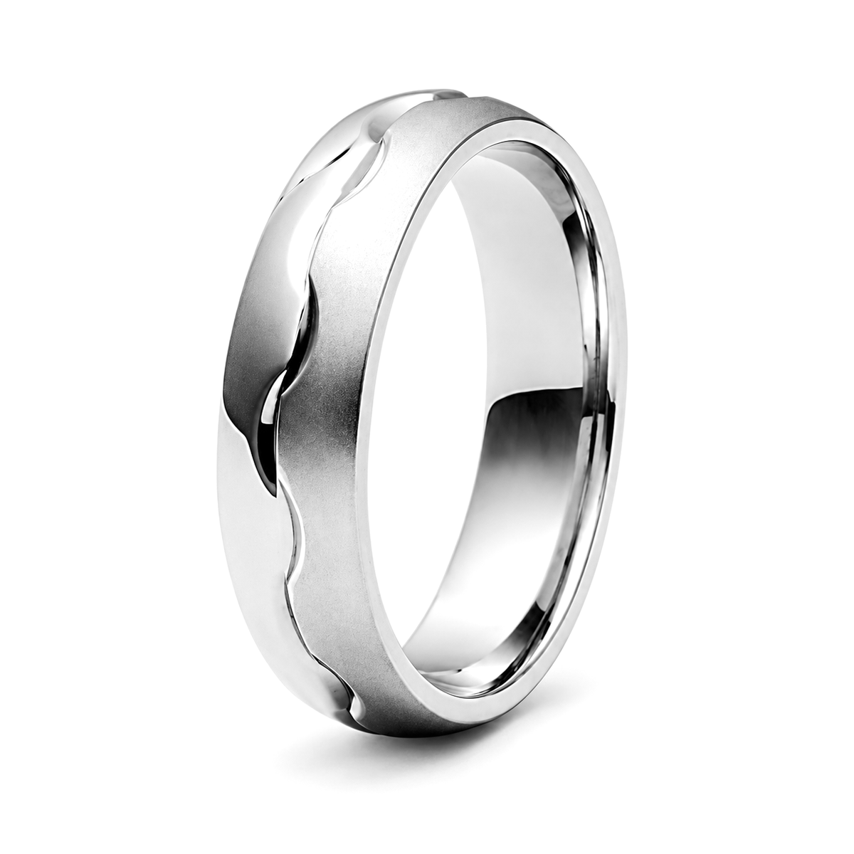 A polished platinum wedding band with a wavy, organic raised channel detail on one side.