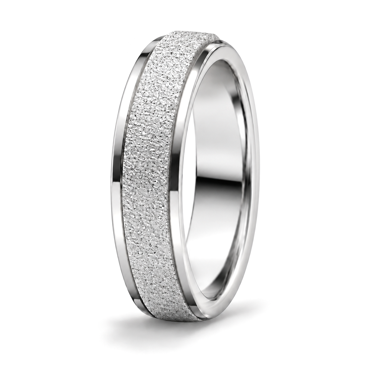 A platinum wedding band ring with a textured, diamond-like inlay on the outer surface and polished beveled edges.
