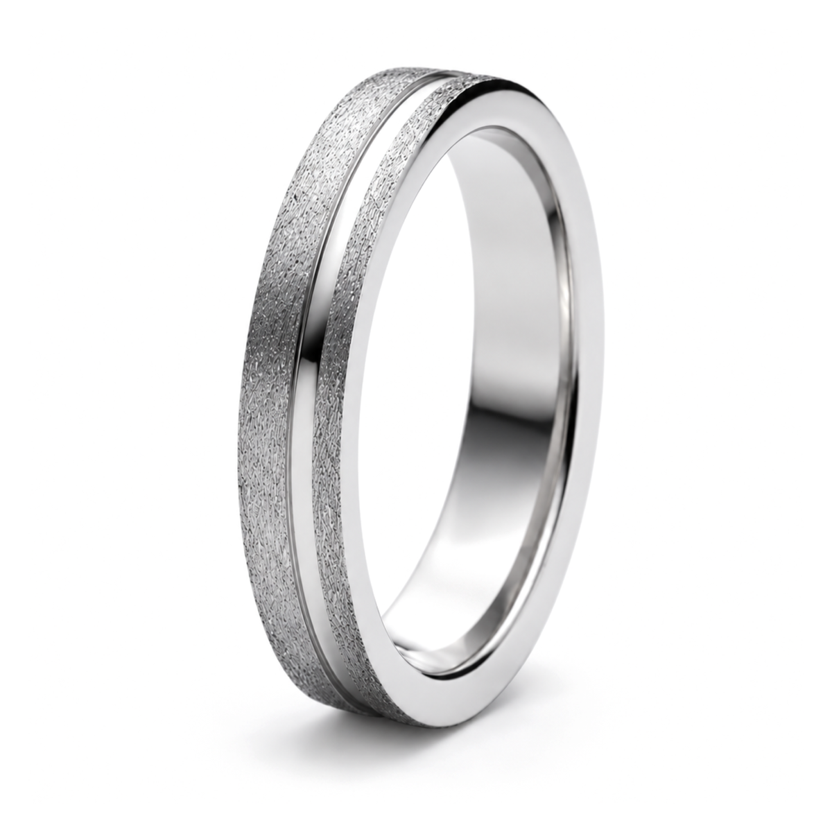 A platinum patterned wedding ring with a textured, brushed outer surface and a polished, smooth inner band, shown on a clean white background.