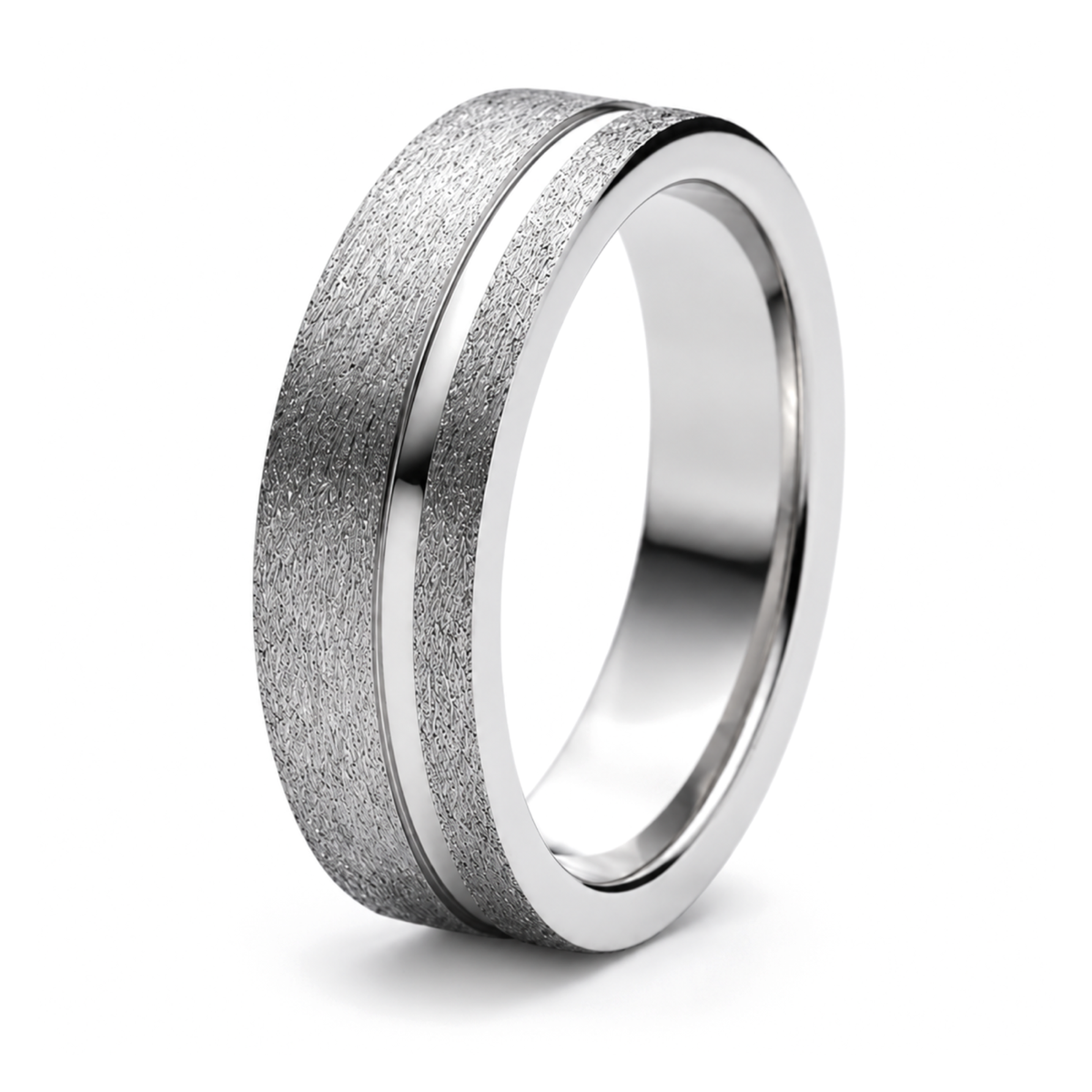 A platinum patterned wedding ring with a brushed textured outer surface and a polished beveled edge, shown on a clean white background.