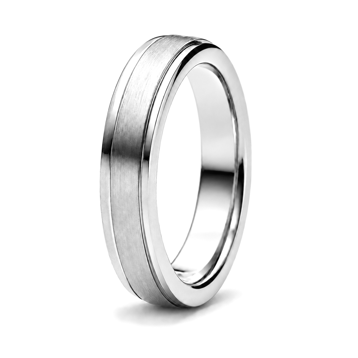 A platinum wedding band with a brushed matte finish on the outer surface and polished beveled edges.