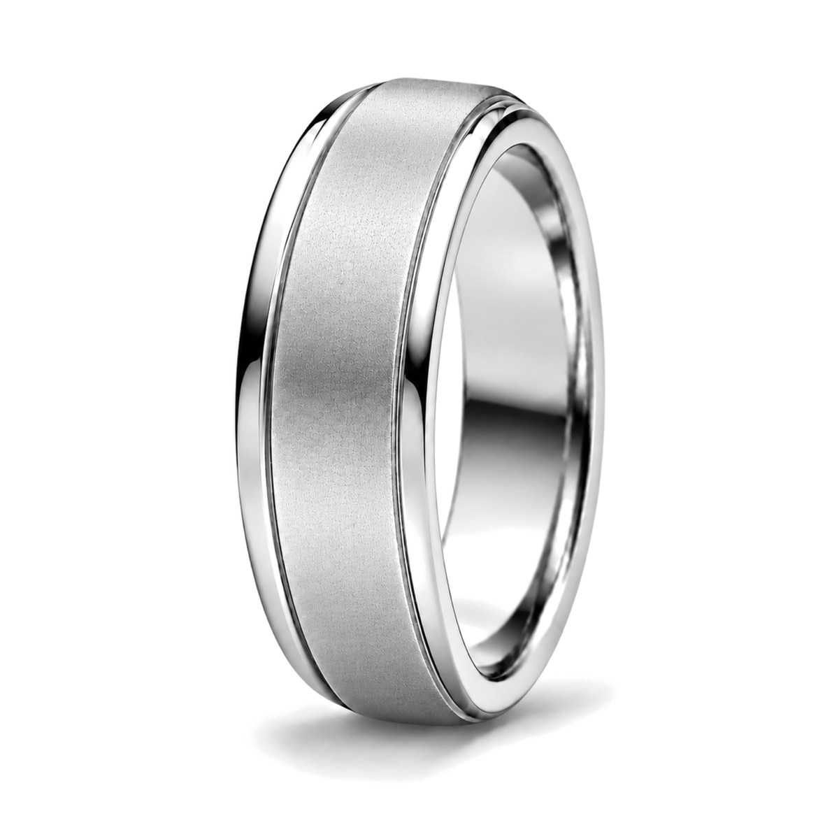 A platinum patterned wedding ring with a brushed matte center and polished beveled edges, shown on a clean white background.