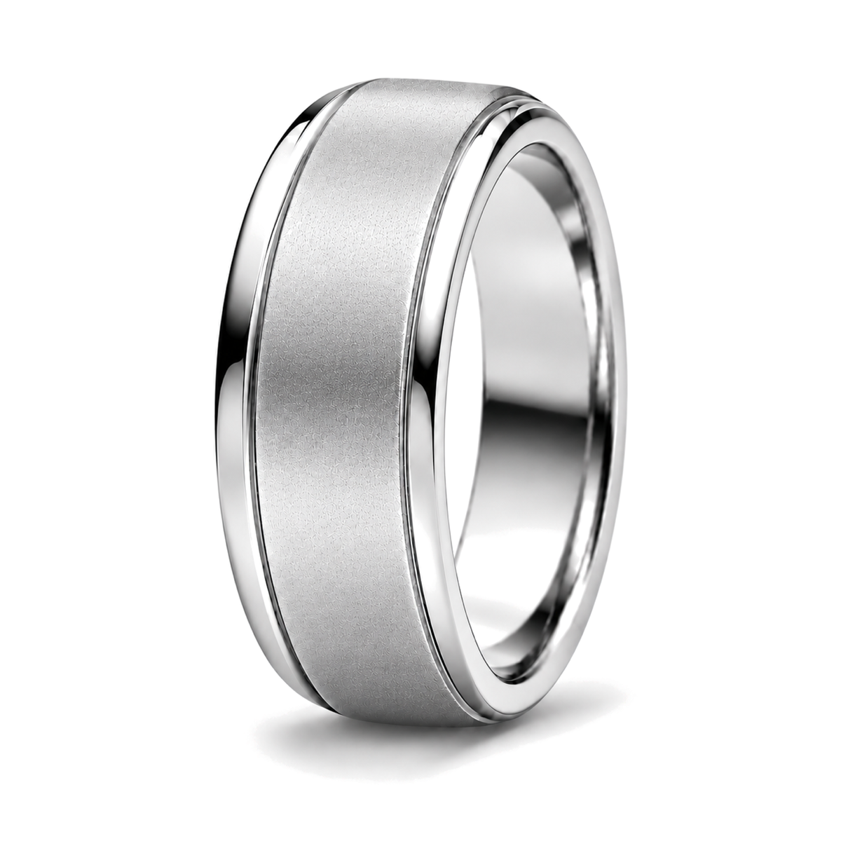 A platinum patterned wedding ring with a brushed matte center and polished beveled edges, shown on a clean white background.