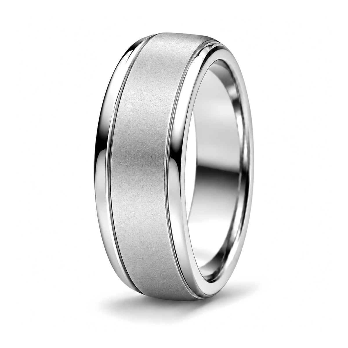 A platinum patterned wedding ring with a brushed matte center and polished beveled edges, shown on a clean white background.