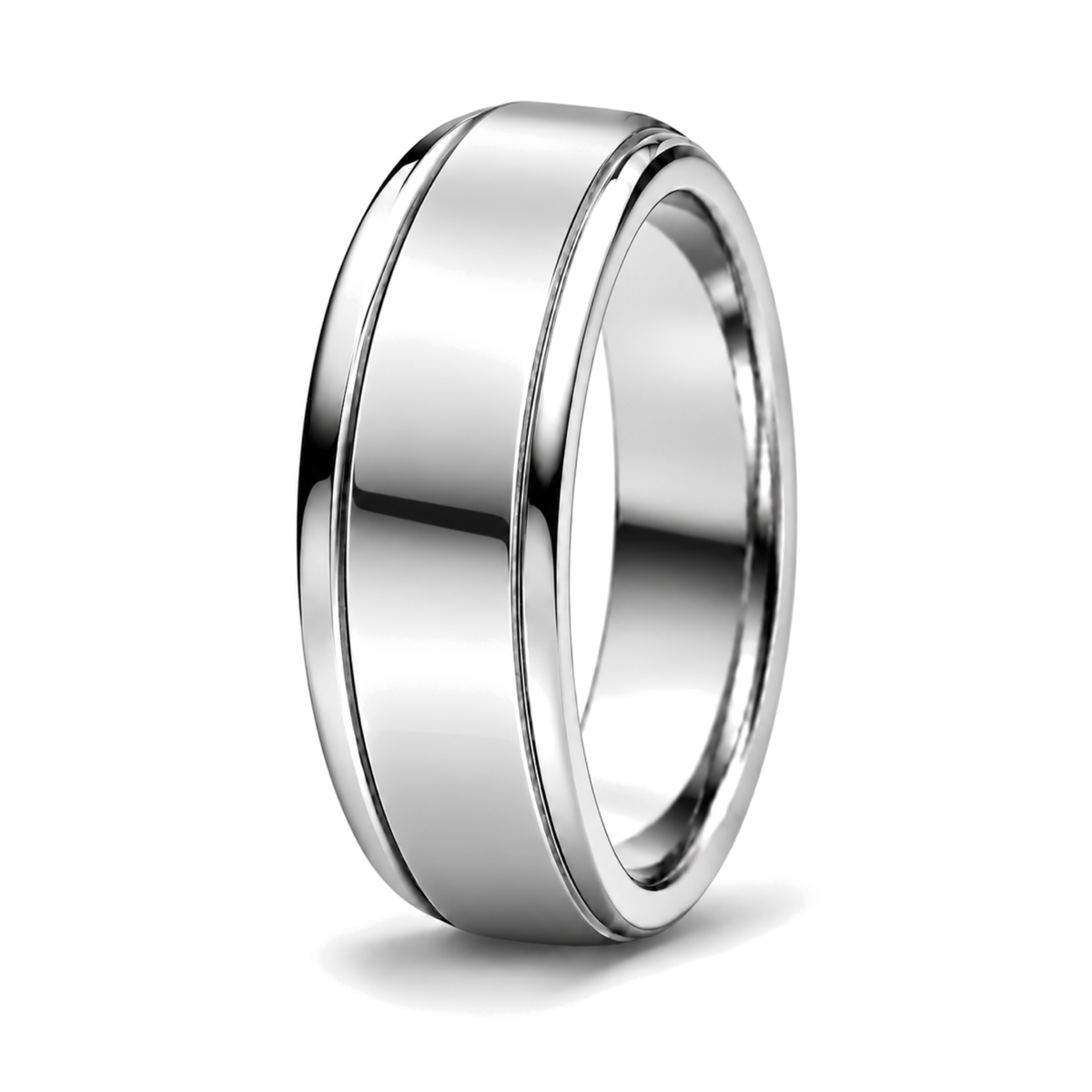 A polished platinum patterned wedding ring with a smooth, reflective finish and a subtle beveled edge, shown on a clean white background.