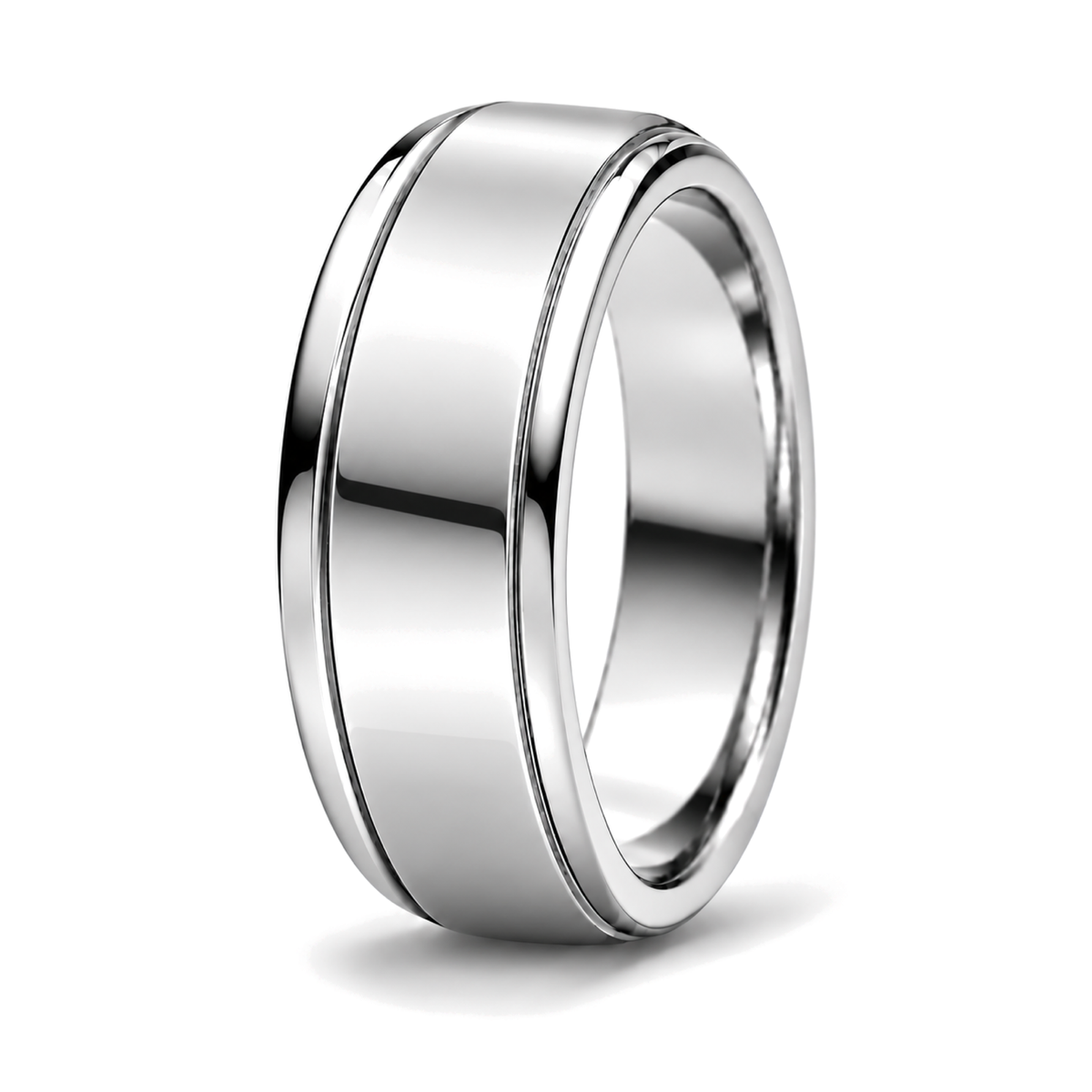 A polished platinum patterned wedding ring with a smooth, reflective finish and beveled edges, shown on a clean white background.