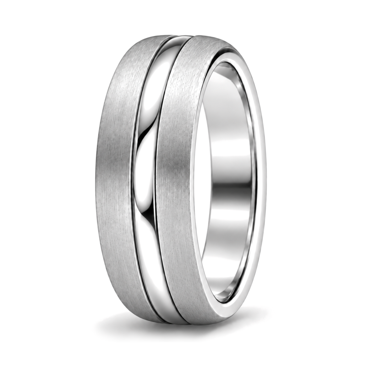 A platinum toned metal ring with a brushed matte finish on the outer band and a polished reflective interior.