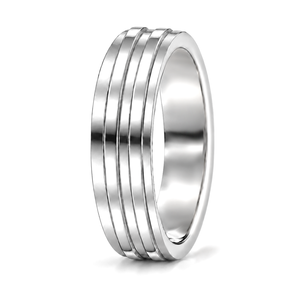 A platinum wedding ring with three parallel polished grooves.
