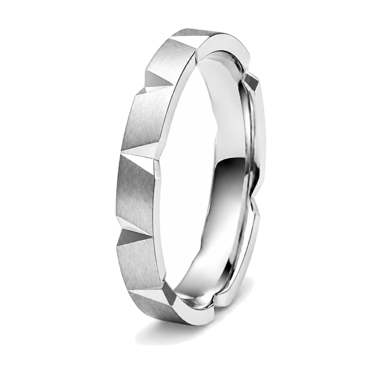 A platinum wedding ring with a brushed and polished finish, featuring a raised chevron pattern on the exterior.