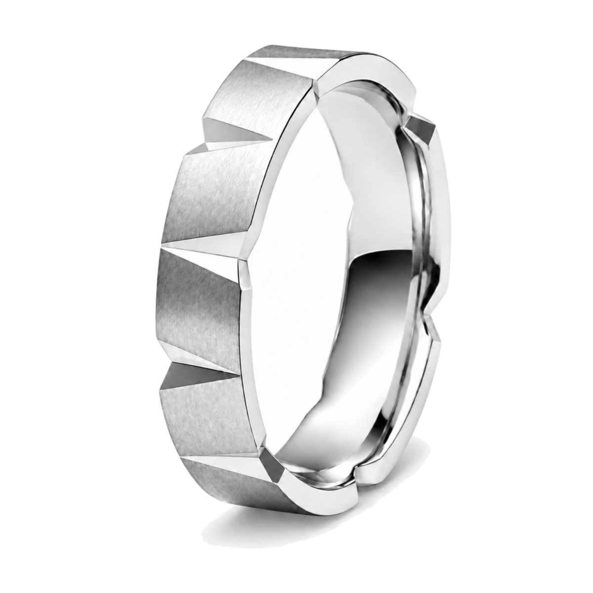 A platinum wedding ring with a brushed and polished finish.