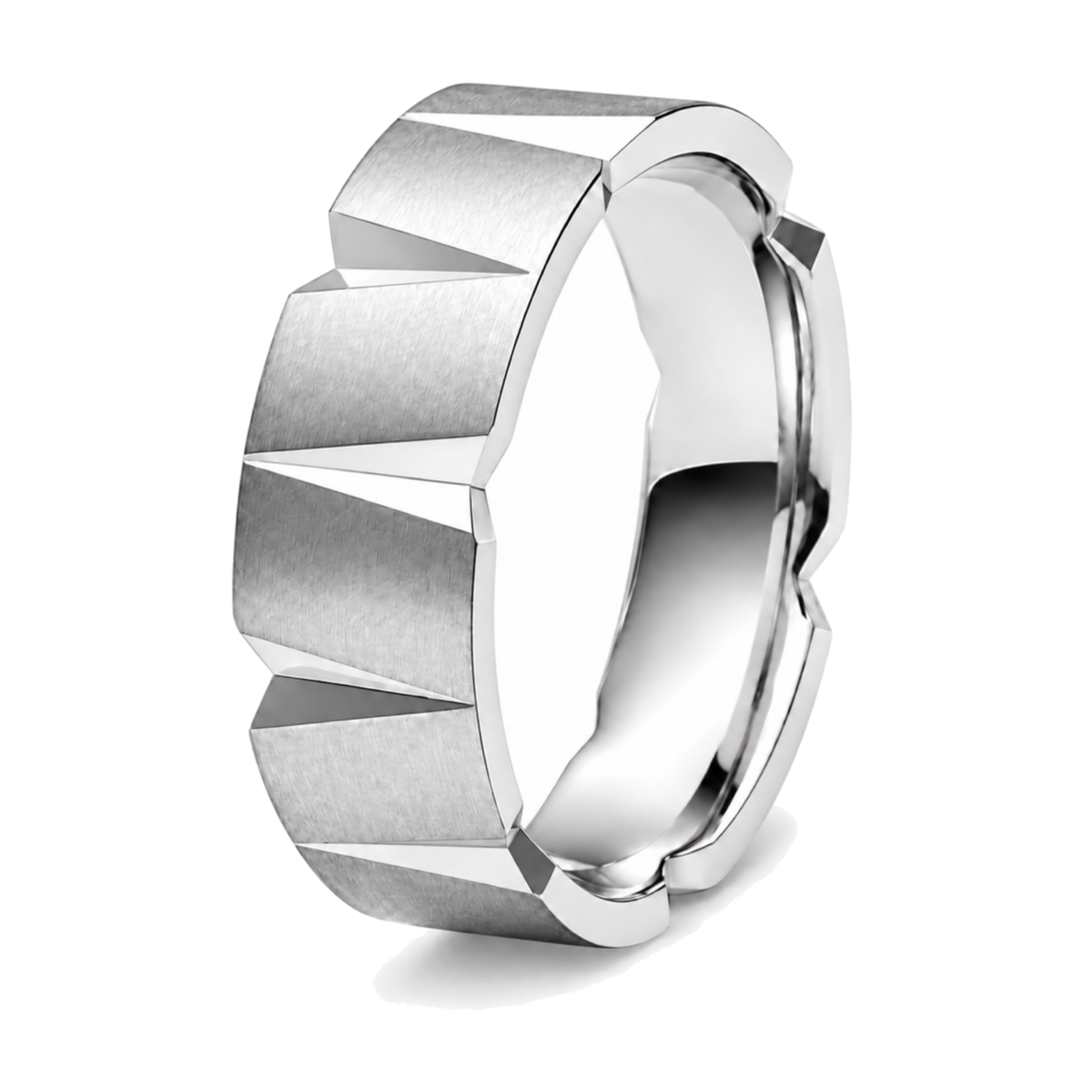 A platinum wedding ring with a brushed and polished finish.
