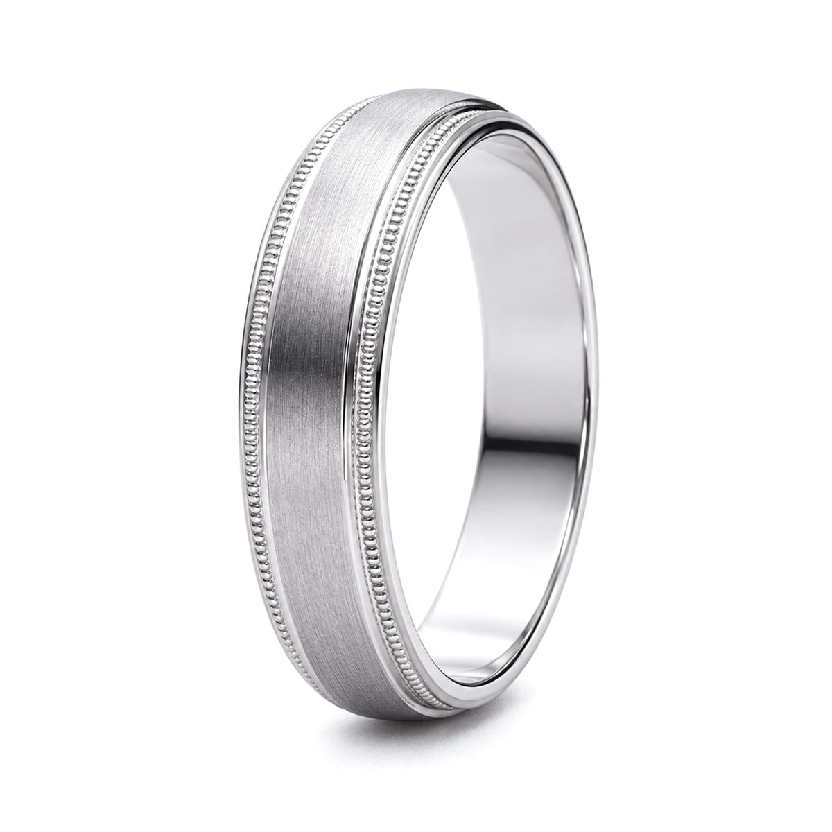A platinum wedding band ring with a brushed matte finish and a beaded border detail.