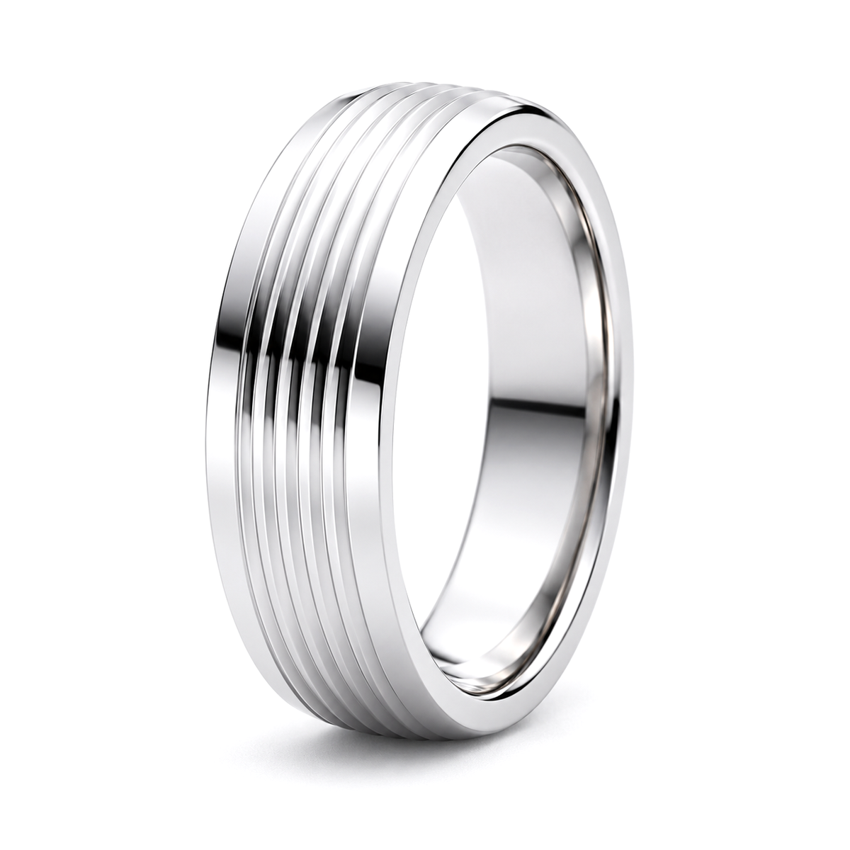A platinum wedding ring with a polished finish and a series of concentric grooved lines on the outer surface.