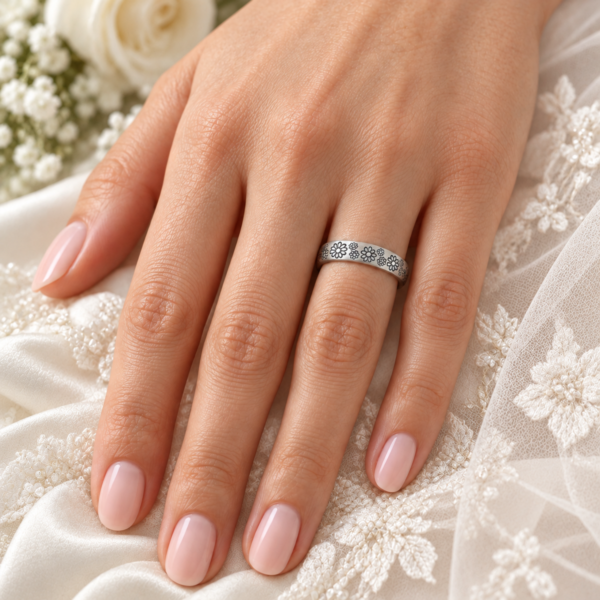 A close-up of a woman's hand with pale pink manicured nails wearing a thin platinum band ring with with floral pattern resting on white satin fabric with lace and roses in the background.